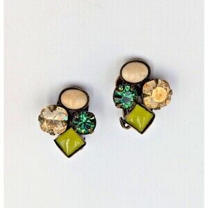 Vintage Sorrelli Rhinestone Jasper Cabochon Bronze Tone Clip On Earrings